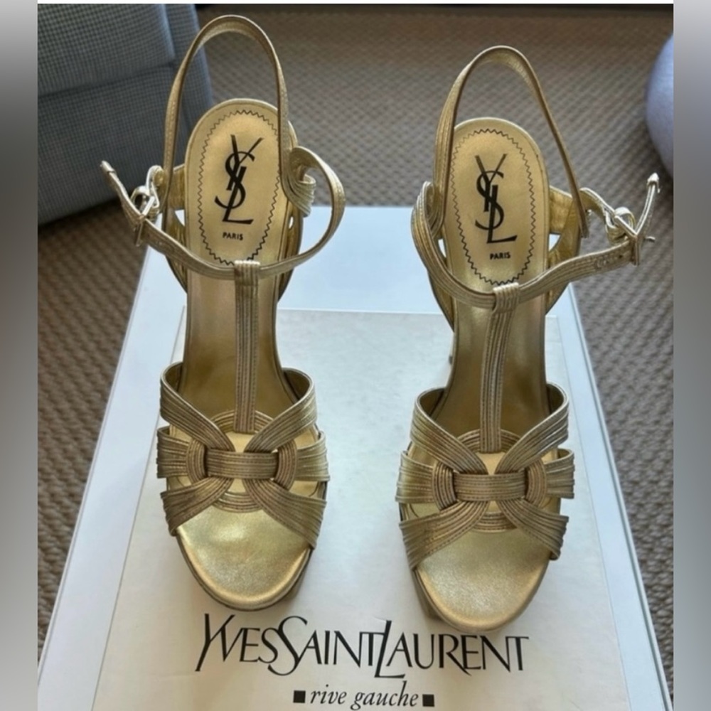 Saint Laurent Gold Metallic T-Strap Evening Sandals